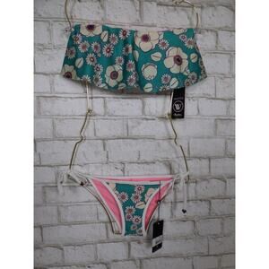 $156 Wildfox Emerald Floral Bandeau Top & String Bikini Reversible Set XS W259